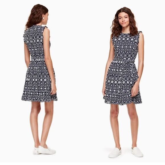 Kate Spade Shore Thing Eyelet Wrap Dress Rich Navy Blue Fresh White Size 00 - Picture 2 of 10